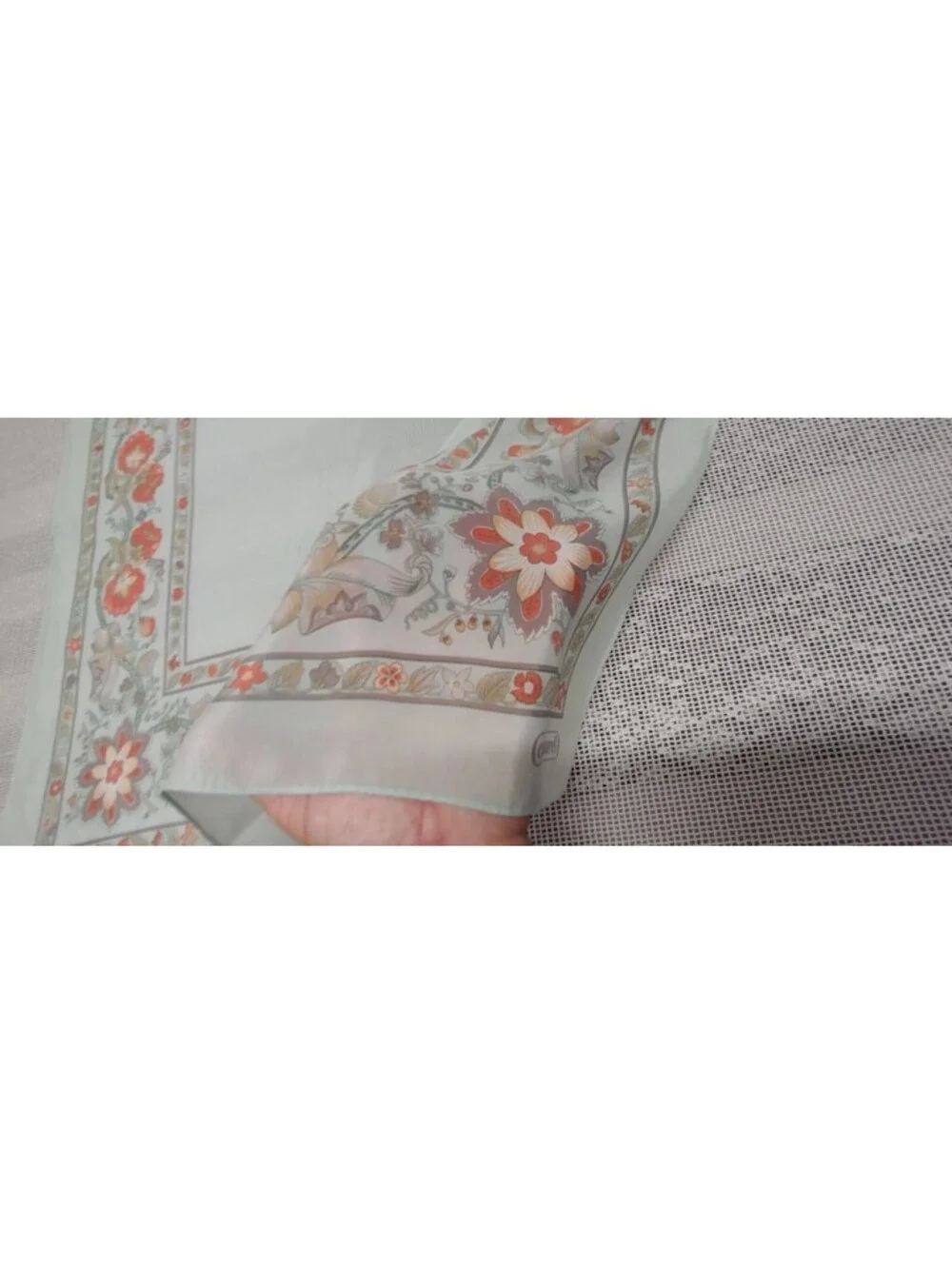 Vintage Cacharel Silk Rayon Scarf Bohemian Style Border Floral Mint Green Gray